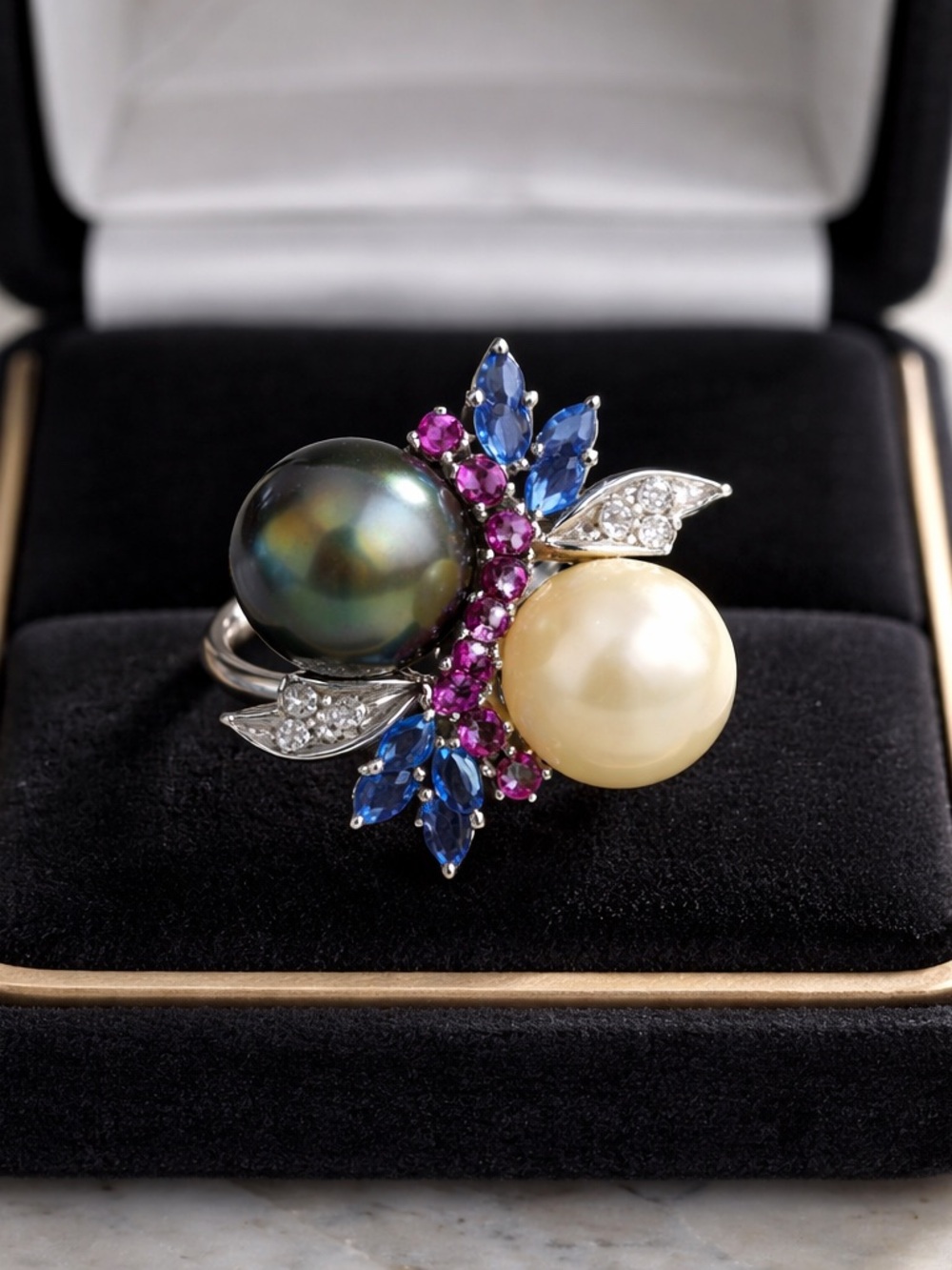 Dual Pearl Floral Cluster Ring with Diamond, sapphire, Ruby,Black & Cream Pearls
